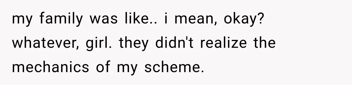 my family was like.. i mean, okay? whatever, girl. they didn't realize the mechanics of my scheme.