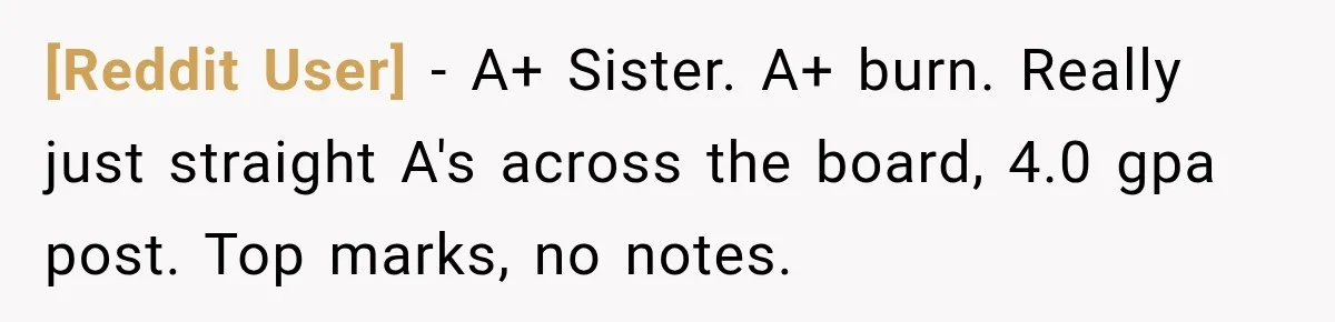 [Reddit User] − A+ Sister. A+ burn. Really just straight A's across the board, 4.0 gpa post. Top marks, no notes.