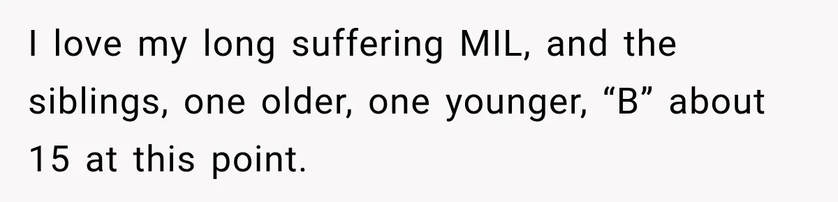 I love my long suffering MIL, and the siblings, one older, one younger, “B” about 15 at this point.