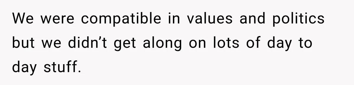 We were compatible in values and politics but we didn’t get along on lots of day to day stuff.