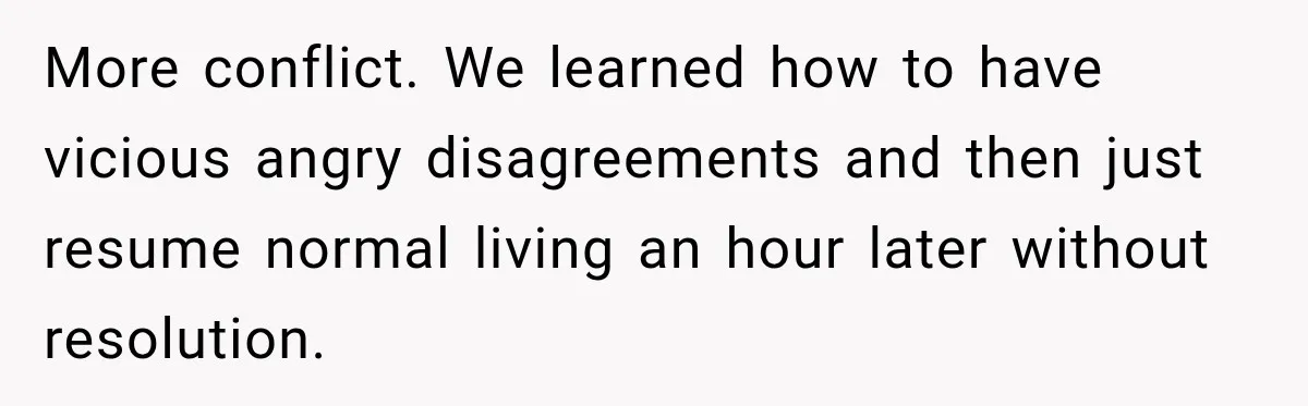 More conflict. We learned how to have vicious angry disagreements and then just resume normal living an hour later without resolution.