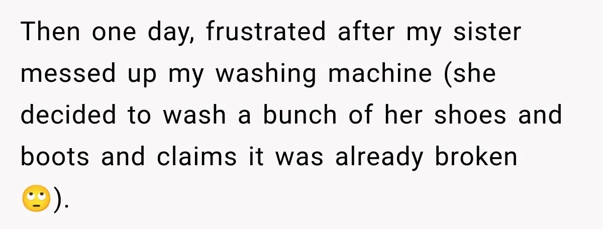 Woman Kicks Out Sister After Six Years Of Free Living And Family Turns Against Her Then one day, frustrated after my sister messed up my washing machine (she decided to wash a bunch of her shoes and boots and claims it was already broken 🙄).