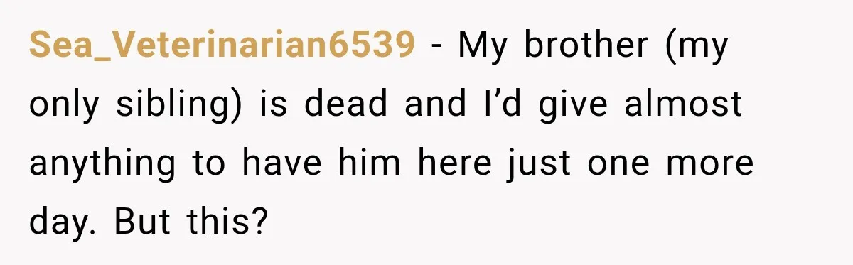 Woman Kicks Out Sister After Six Years Of Free Living And Family Turns Against Her Sea_Veterinarian6539 − My brother (my only sibling) is dead and I’d give almost anything to have him here just one more day. But this?