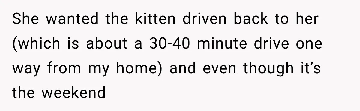 She wanted the kitten driven back to her (which is about a 30-40 minute drive one way from my home) and even though it’s the weekend