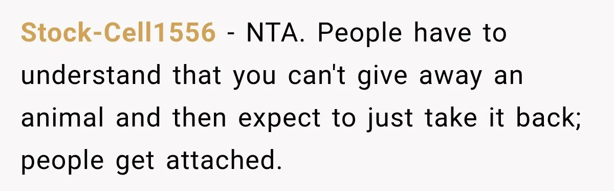 Stock-Cell1556 − NTA. People have to understand that you can't give away an animal and then expect to just take it back; people get attached.