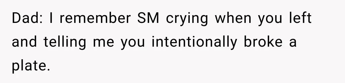Dad: I remember SM crying when you left and telling me you intentionally broke a plate.