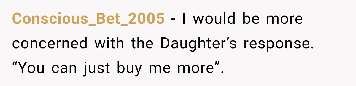 Conscious_Bet_2005 − I would be more concerned with the Daughter’s response. “You can just buy me more”.