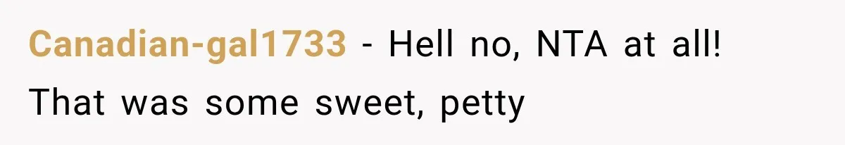 Canadian-gal1733 − Hell no, NTA at all! That was some sweet, petty