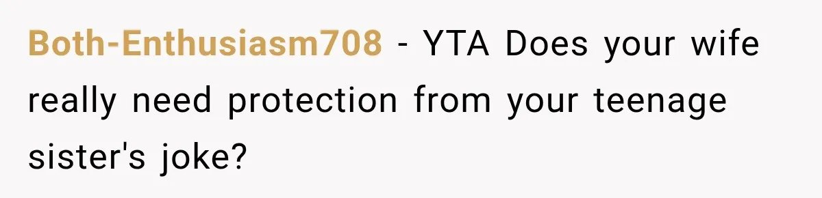 Both-Enthusiasm708 − YTA Does your wife really need protection from your teenage sister's joke?