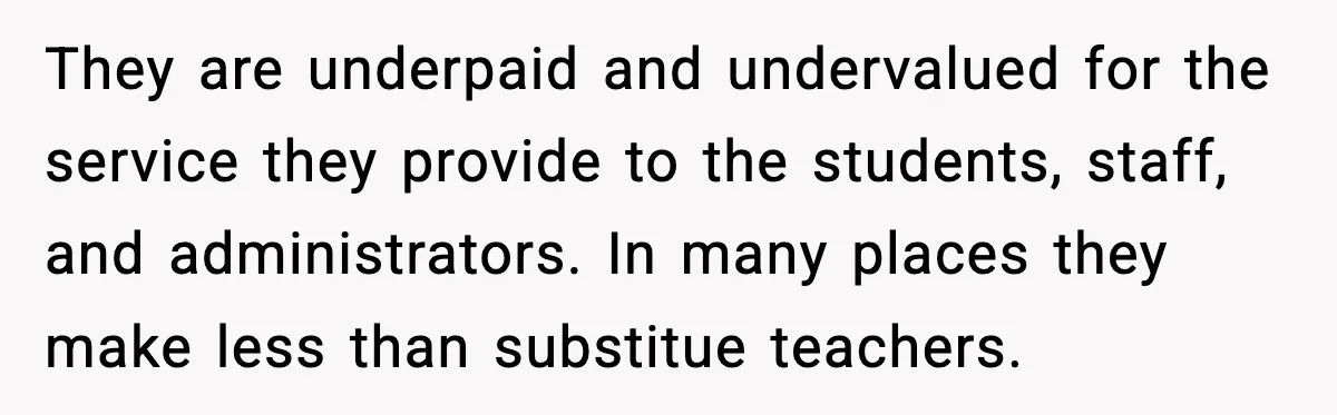 They are underpaid and undervalued for the service they provide to the students, staff, and administrators. In many places they make less than substitue teachers.