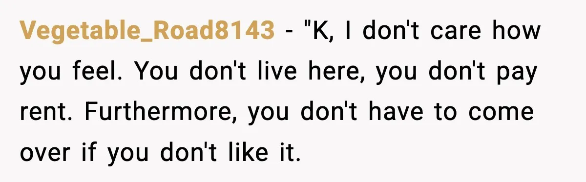 Vegetable_Road8143 − "K, I don't care how you feel. You don't live here, you don't pay rent. Furthermore, you don't have to come over if you don't like it.