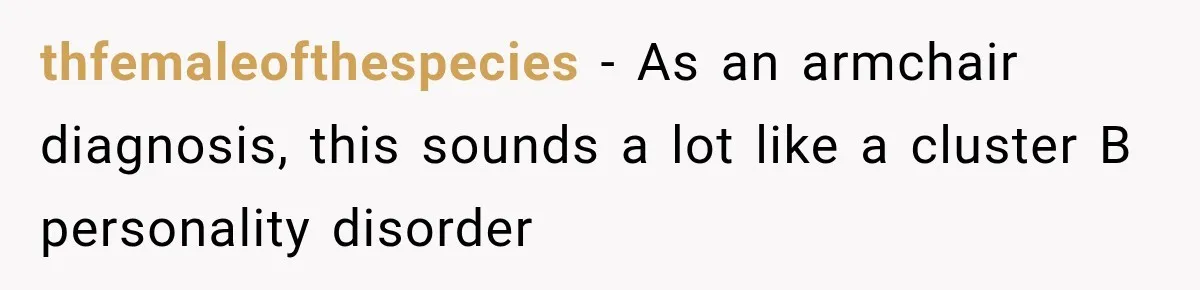 Woman Learns Her MIL Told Her Religious Mother a Secret That Never Happened thfemaleofthespecies − As an armchair diagnosis, this sounds a lot like a cluster B personality disorder
