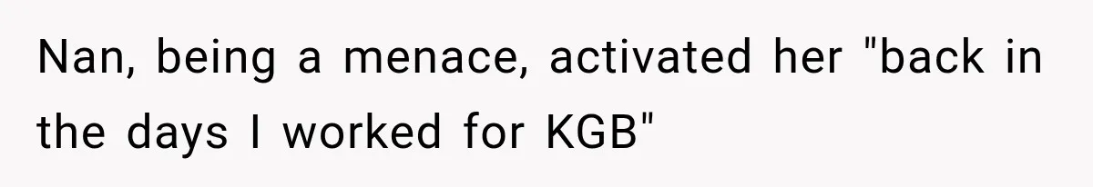 Nan, being a menace, activated her "back in the days I worked for KGB"