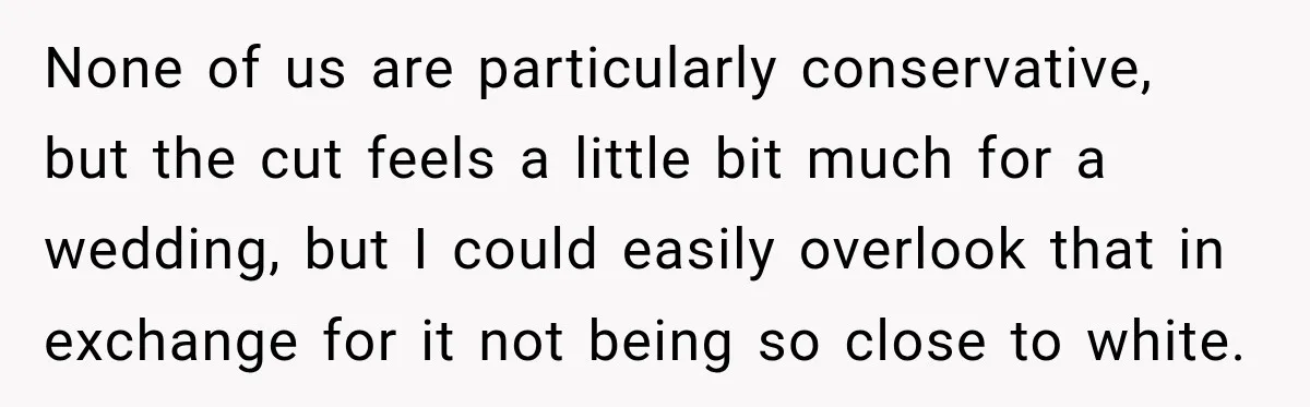 None of us are particularly conservative, but the cut feels a little bit much for a wedding, but I could easily overlook that in exchange for it not being so...