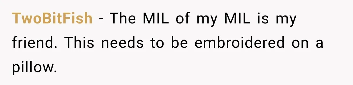 TwoBitFish − The MIL of my MIL is my friend. This needs to be embroidered on a pillow.