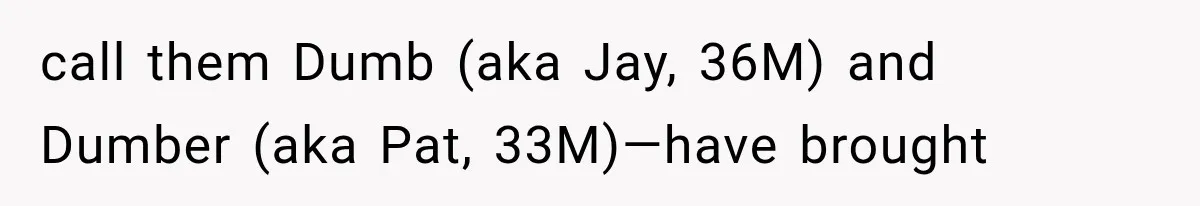 call them Dumb (aka Jay, 36M) and Dumber (aka Pat, 33M)—have brought