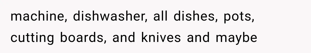 machine, dishwasher, all dishes, pots, cutting boards, and knives and maybe