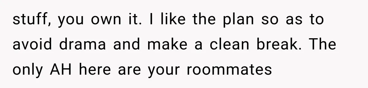 stuff, you own it. I like the plan so as to avoid drama and make a clean break. The only AH here are your roommates
