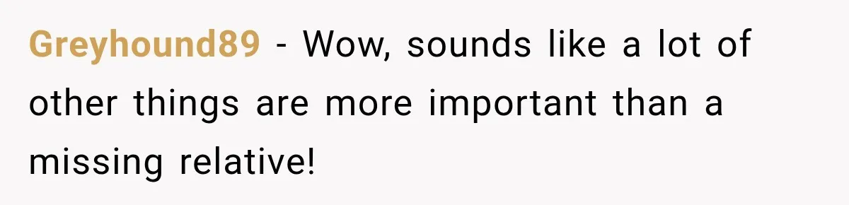 Greyhound89 − Wow, sounds like a lot of other things are more important than a missing relative!