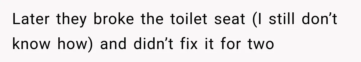 Later they broke the toilet seat (I still don’t know how) and didn’t fix it for two