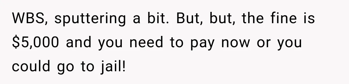 Woman Fooled a Scammer by Thanking Him for Saving Her From His Own Fake Crime WBS, sputtering a bit. But, but, the fine is $5,000 and you need to pay now or you could go to jail!