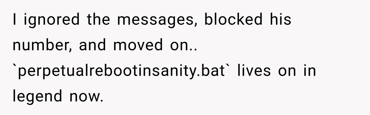 I ignored the messages, blocked his number, and moved on.. `perpetualrebootinsanity.bat` lives on in legend now.