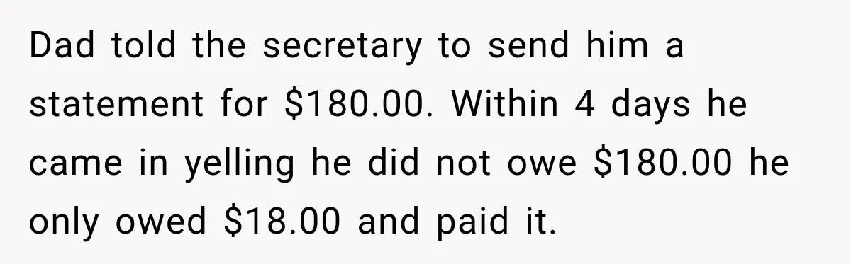 Dad told the secretary to send him a statement for $180.00. Within 4 days he came in yelling he did not owe $180.00 he only owed $18.00 and paid it.
