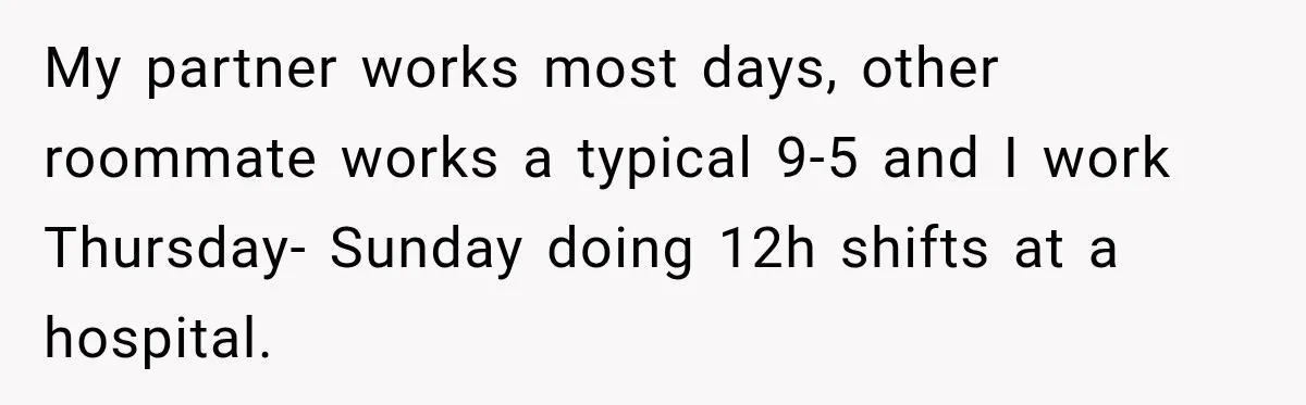 My partner works most days, other roommate works a typical 9-5 and I work Thursday- Sunday doing 12h shifts at a hospital.
