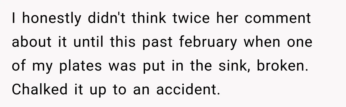 I honestly didn't think twice her comment about it until this past february when one of my plates was put in the sink, broken. Chalked it up to an accident.
