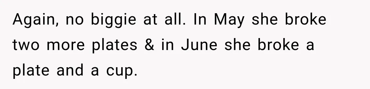 Again, no biggie at all. In May she broke two more plates & in June she broke a plate and a cup.