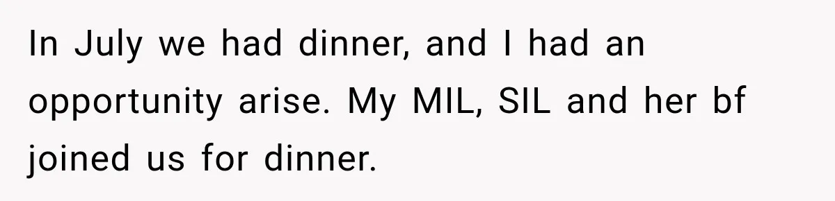 In July we had dinner, and I had an opportunity arise. My MIL, SIL and her bf joined us for dinner.