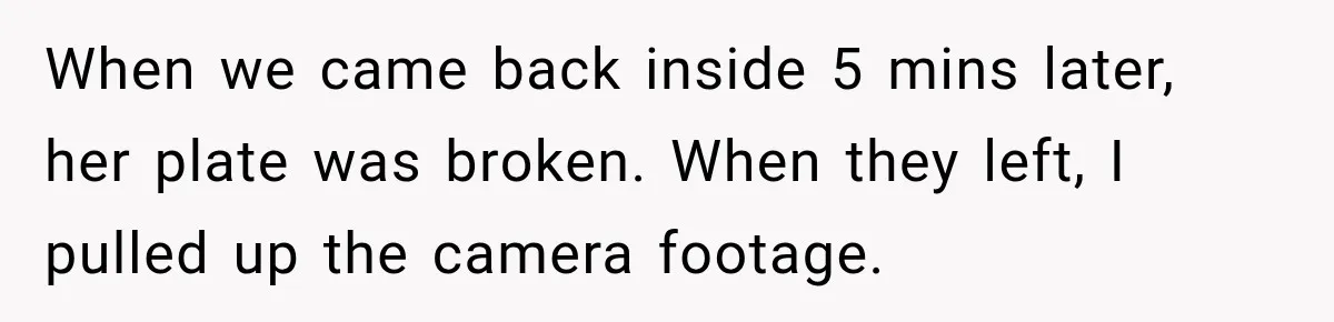 When we came back inside 5 mins later, her plate was broken. When they left, I pulled up the camera footage.