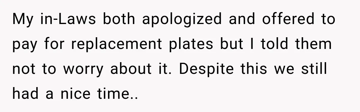 My in-Laws both apologized and offered to pay for replacement plates but I told them not to worry about it. Despite this we still had a nice time..