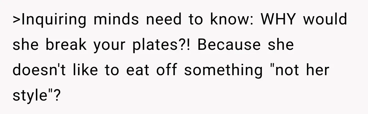 >Inquiring minds need to know: WHY would she break your plates?! Because she doesn't like to eat off something "not her style"?