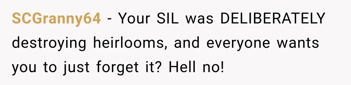 SCGranny64 − Your SIL was DELIBERATELY destroying heirlooms, and everyone wants you to just forget it? Hell no!