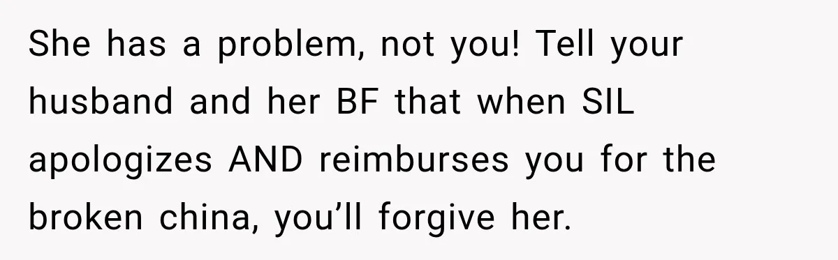 She has a problem, not you! Tell your husband and her BF that when SIL apologizes AND reimburses you for the broken china, you’ll forgive her.