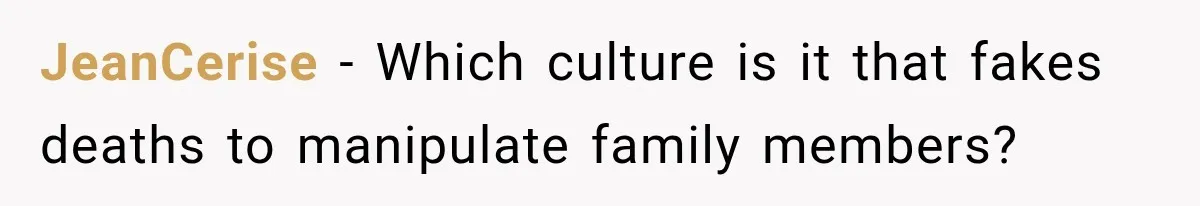 MIL Fakes Her Husband’s Death to See Her Son, Then Years Later the Same Tragedy Happens Again JeanCerise − Which culture is it that fakes deaths to manipulate family members?