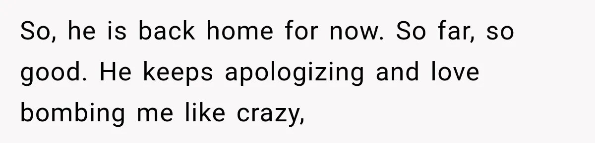 So, he is back home for now. So far, so good. He keeps apologizing and love bombing me like crazy,