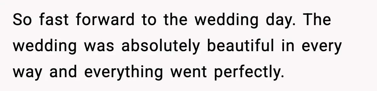 So fast forward to the wedding day. The wedding was absolutely beautiful in every way and everything went perfectly.