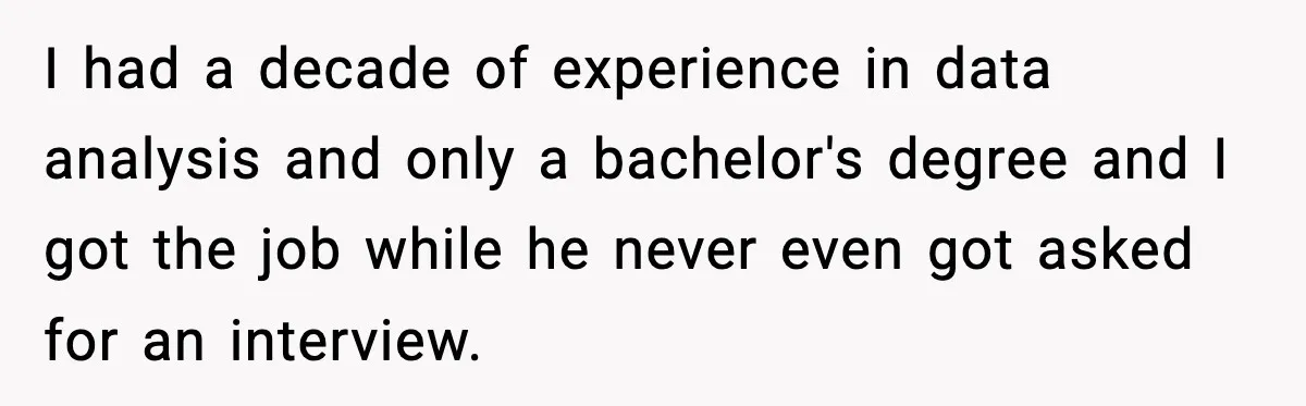 I had a decade of experience in data analysis and only a bachelor's degree and I got the job while he never even got asked for an interview.