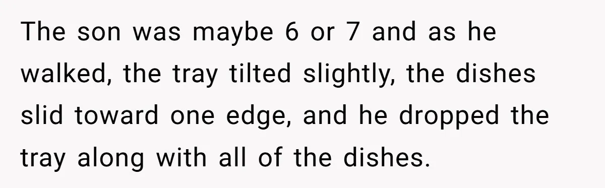 The son was maybe 6 or 7 and as he walked, the tray tilted slightly, the dishes slid toward one edge, and he dropped the tray along with all of...