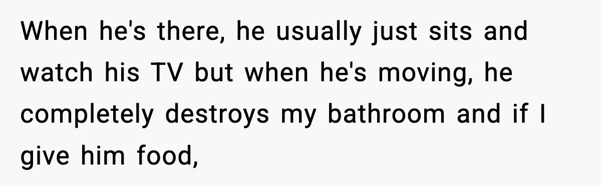 When he's there, he usually just sits and watch his TV but when he's moving, he completely destroys my bathroom and if I give him food,