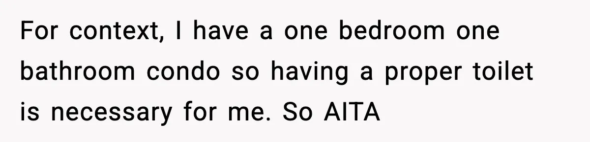 For context, I have a one bedroom one bathroom condo so having a proper toilet is necessary for me. So AITA