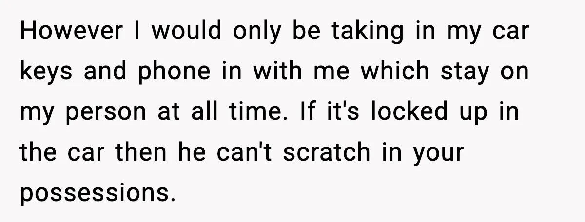 However I would only be taking in my car keys and phone in with me which stay on my person at all time. If it's locked up in the car...