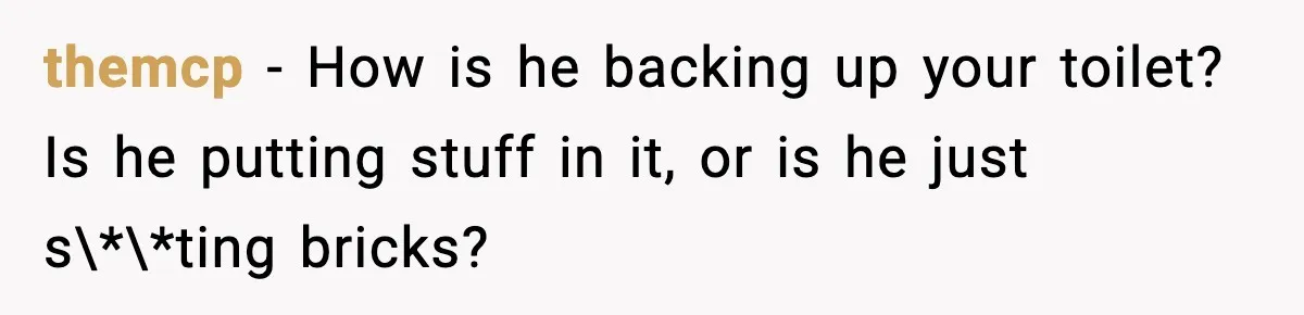themcp − How is he backing up your toilet? Is he putting stuff in it, or is he just s\*\*ting bricks?