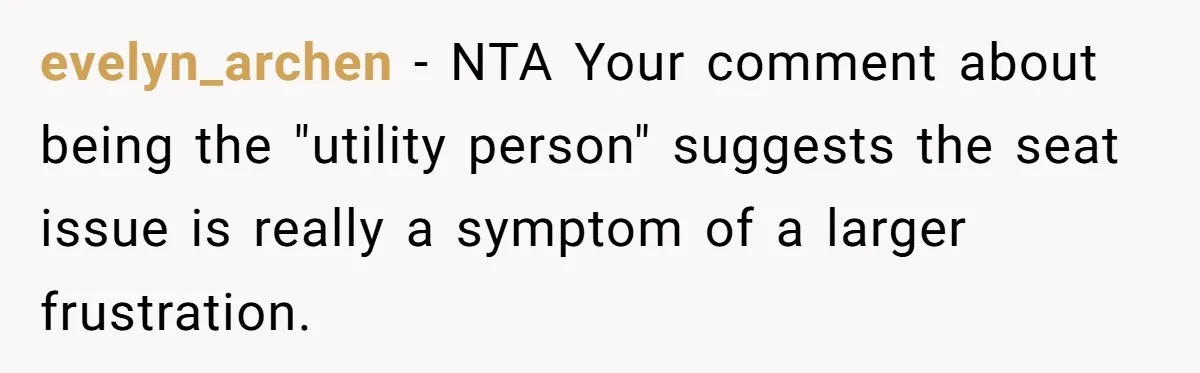 evelyn_archen − NTA Your comment about being the "utility person" suggests the seat issue is really a symptom of a larger frustration.