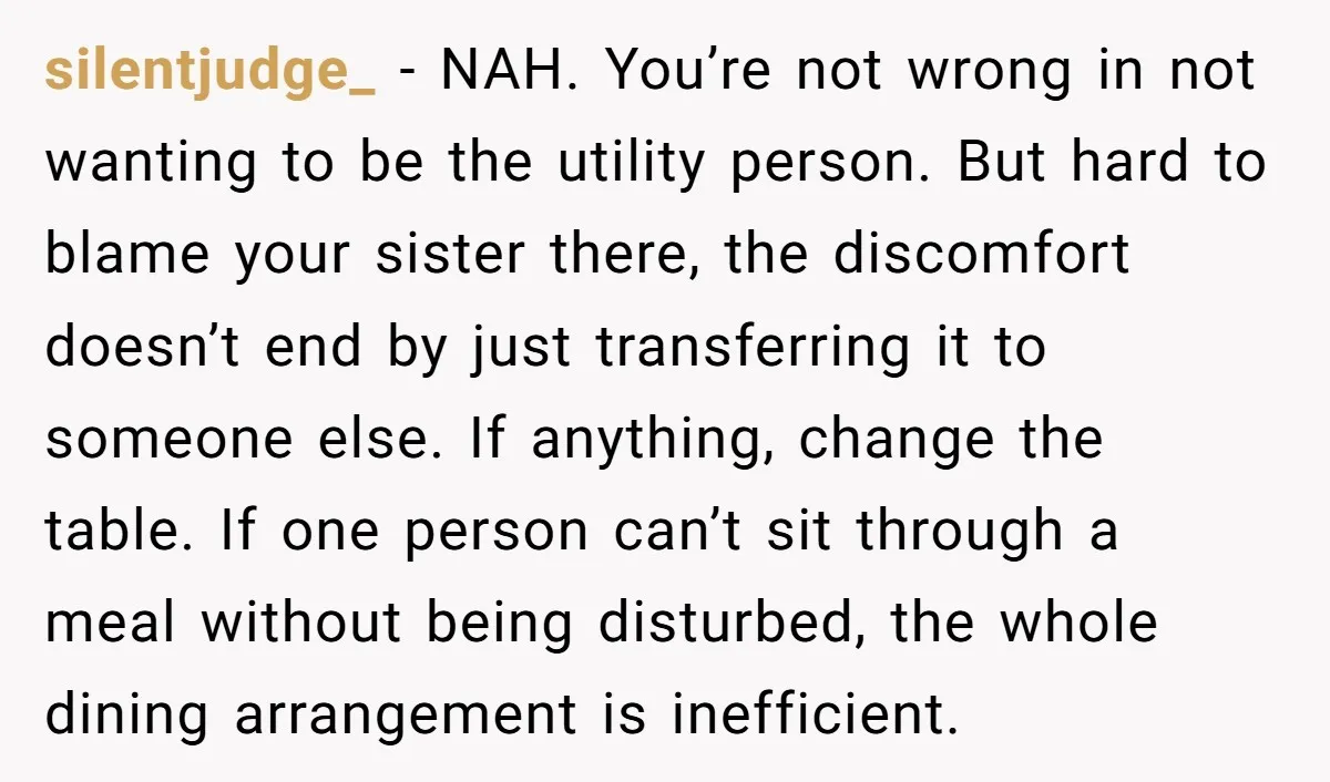 silentjudge_ − NAH. You’re not wrong in not wanting to be the utility person. But hard to blame your sister there, the discomfort doesn’t end by just transferring it to...