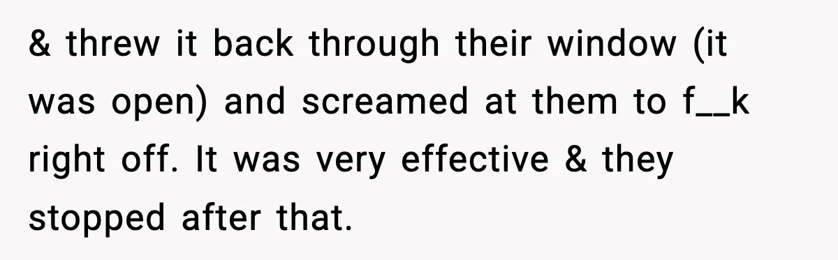 Neighbor Kept Stealing Electricity From Their Truck, So They Finally Took Action & threw it back through their window (it was open) and screamed at them to f__k right off. It was very effective & they stopped after that.