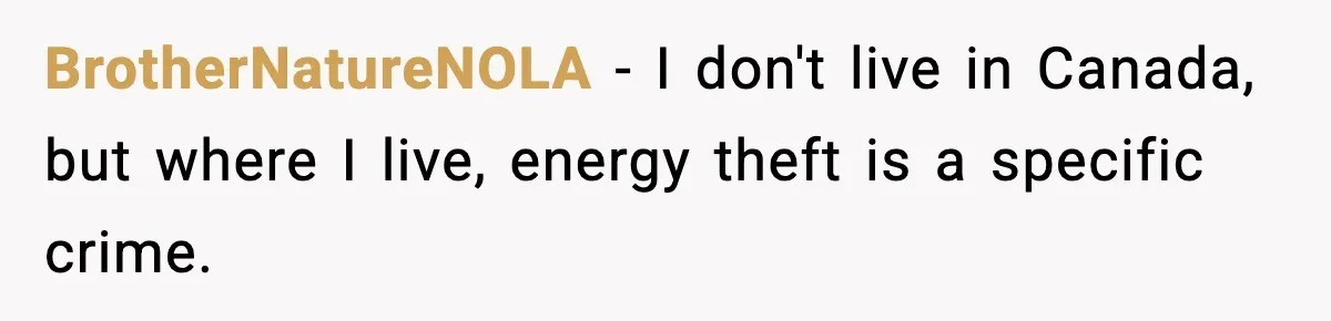 Neighbor Kept Stealing Electricity From Their Truck, So They Finally Took Action BrotherNatureNOLA − I don't live in Canada, but where I live, energy theft is a specific crime.