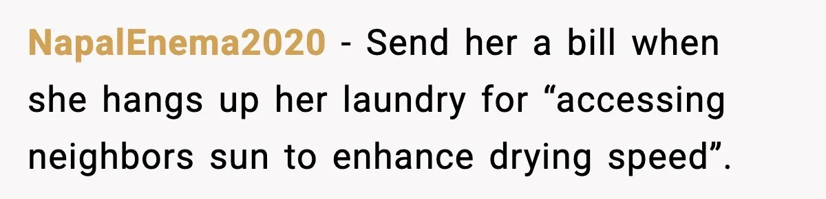 NapalEnema2020 − Send her a bill when she hangs up her laundry for “accessing neighbors sun to enhance drying speed”.
